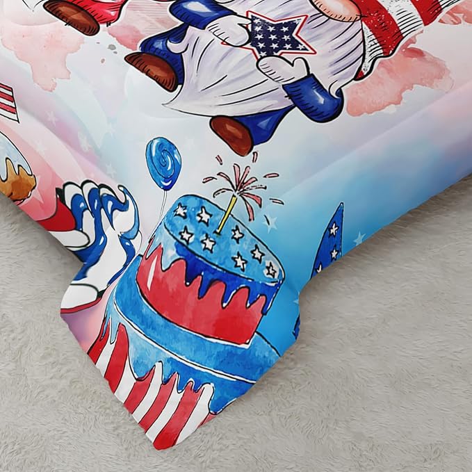Gnome Bedding Set for Kids Boys Girls, American Flag Comforter Set Full Size for Festival Celebration, Red Blue Star Quilt with 2 Pillowcases