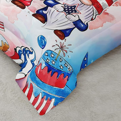 Gnome Bedding Set for Kids Boys Girls, American Flag Comforter Set Full Size for Festival Celebration, Red Blue Star Quilt with 2 Pillowcases