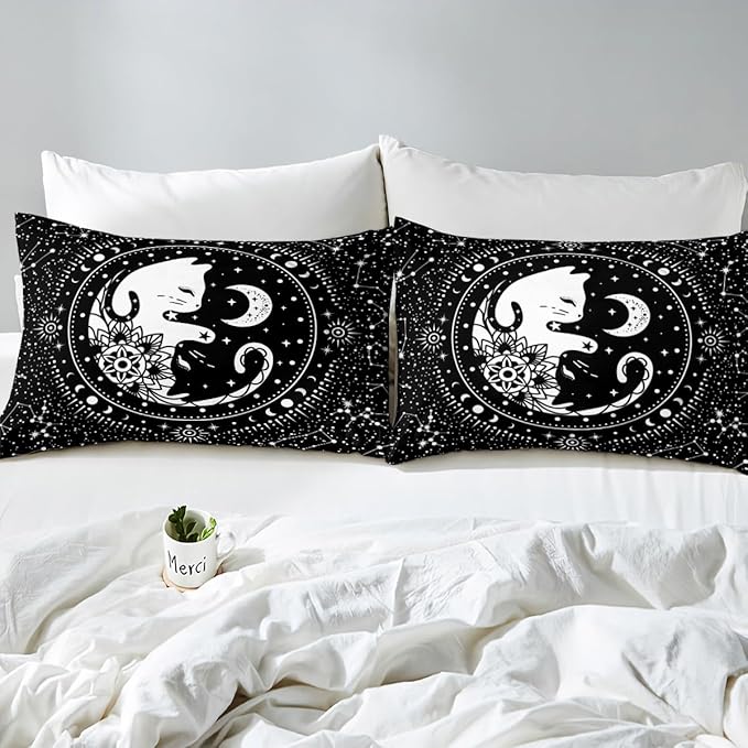 Cute Cats Duvet Cover Twin,Gothic Star Sky Moon Constellation Bedding Set 2pcs for Kids Teens Boy Girls Room Decor,Animals Flower Plants Comforter Cover Black Exotic Quilt Cover with 1 Pillowcase