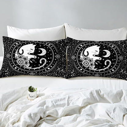 Cute Cats Duvet Cover Twin,Gothic Star Sky Moon Constellation Bedding Set 2pcs for Kids Teens Boy Girls Room Decor,Animals Flower Plants Comforter Cover Black Exotic Quilt Cover with 1 Pillowcase