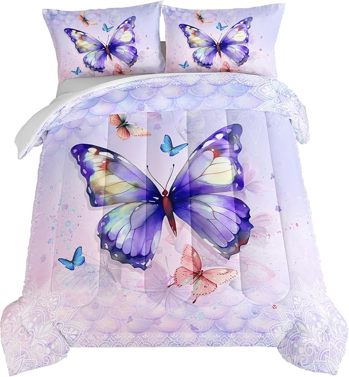 HOSIMA Butterfly Queen Comforter Set with 2 Pillowcases,Mandala Butterfly Bedding Sets for Girls Teen Women Room Decor,Purple Butterfly Comforter for Queen Size Bed,College Dorm Essentials for Girls.