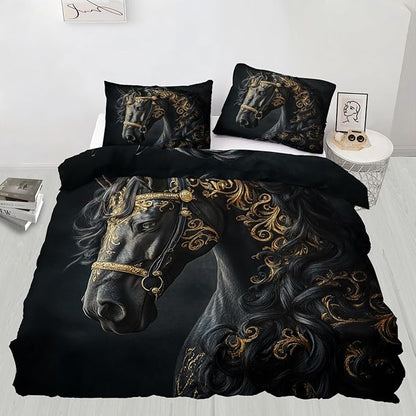 Black Horse Duvet Cover Queen Size, Ancient Warhorses Bedding Set 3 Piece Bedroom Decor Noble Gold Foil Horse Comforter Cover with Zipper Ties & 2 Pillowcases