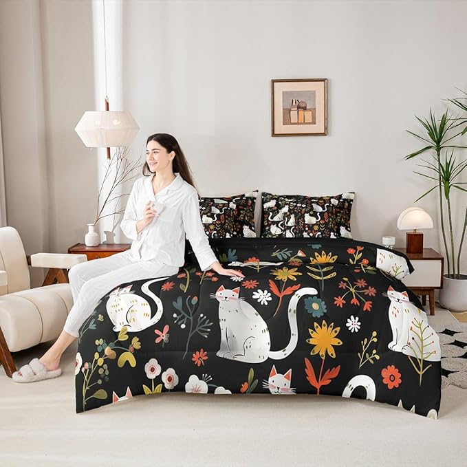 Feelyou Cute Cat 7 Piece Bedding Set Floral Flower Comforter Set with Sheets for Kids Boys Girls Nature Plants Bed in a Bag Black Colorful Bed Set Soft Lightweight