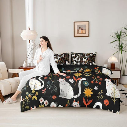 Feelyou Cute Cat 7 Piece Bedding Set Floral Flower Comforter Set with Sheets for Kids Boys Girls Nature Plants Bed in a Bag Black Colorful Bed Set Soft Lightweight