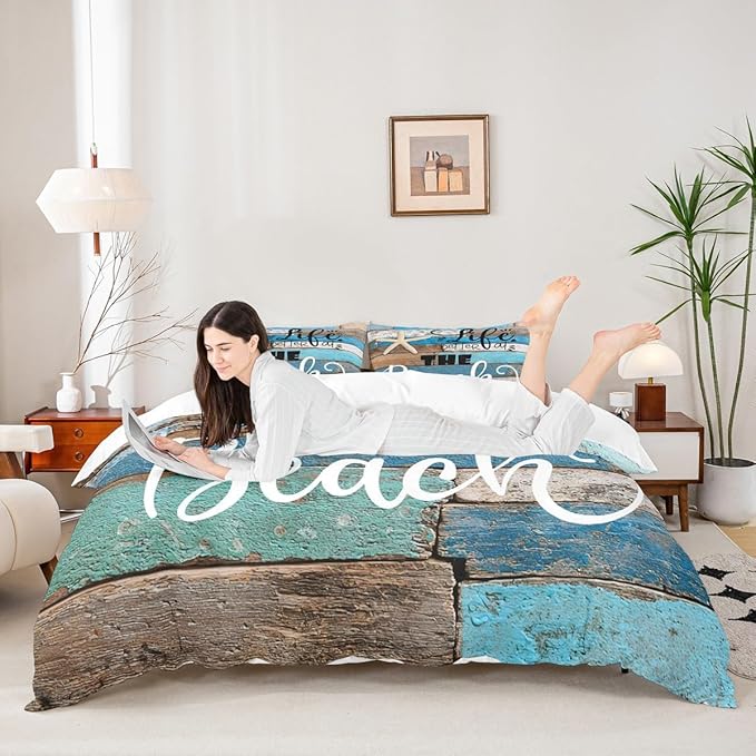 Castle Fairy Lake House Duvet Cover Queen Size,Blue Farmhouse Barn Door Bedding Set Kids Teens Adults Room Decor,Hawaiian Ocean Comter Cover Starfish Sea Life Quilt Cover,2 Pillowcases,Vintage Brown