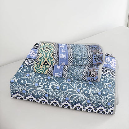 Blue Bohemian Quilt Set Queen Size,Boho Striped Printed Bedding Bedding Set for Summer,Retro Soft Lightweight Microfiber Quilt with 2 Pillowcases.