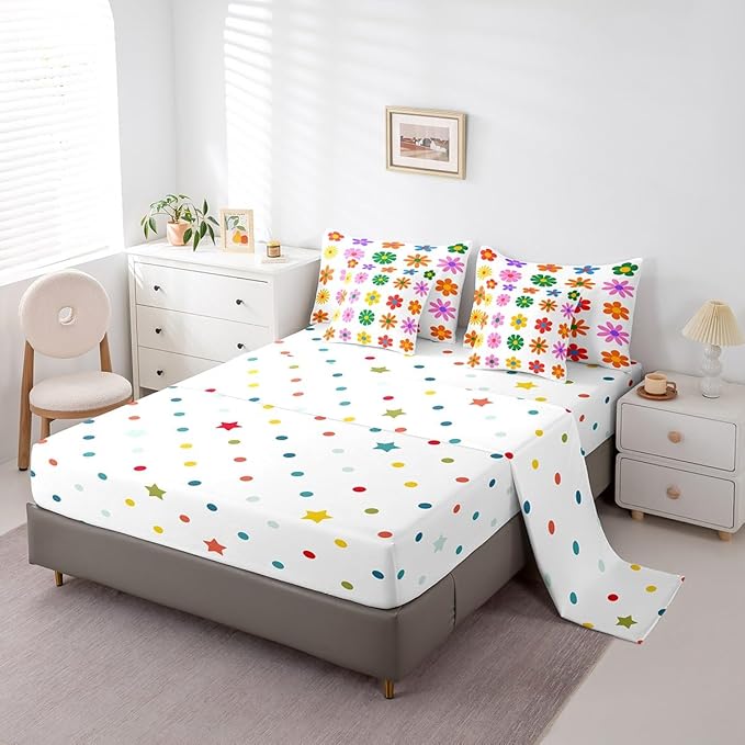 Feelyou Cute Flower 7 Piece Bedding Set King Size Colorful Flower Comforter Set with Sheets for Kids Boys Girls White Colorful Bed in a Bag Kawaii Theme Bed Set