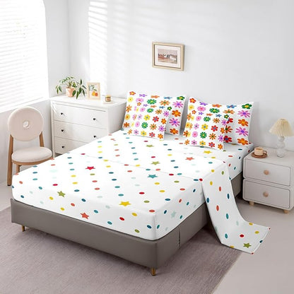Feelyou Cute Flower 7 Piece Bedding Set King Size Colorful Flower Comforter Set with Sheets for Kids Boys Girls White Colorful Bed in a Bag Kawaii Theme Bed Set