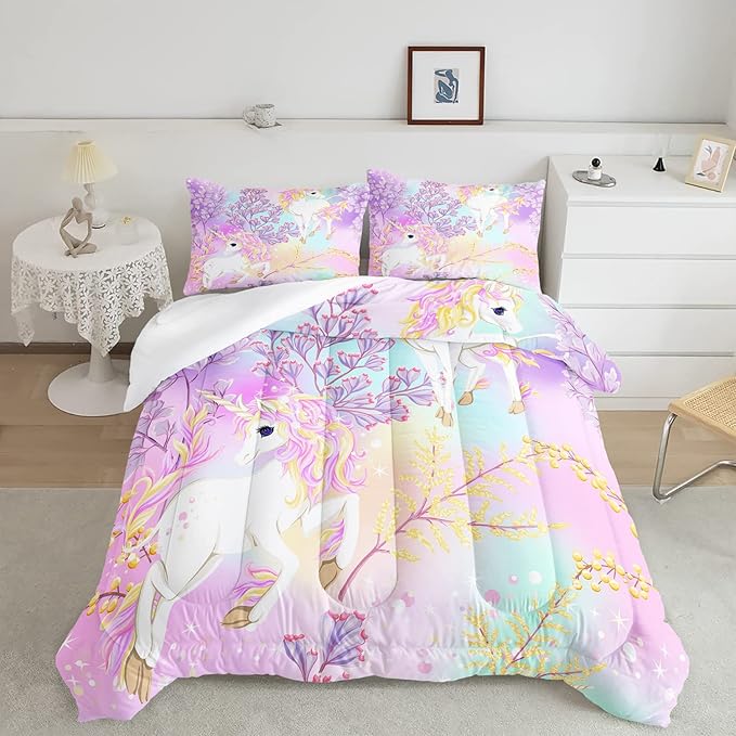 CVHOUSE Rainbow Unicorn Bedding Queen Size,Rainbow Unicorn Bedding Set for Girls Kids Teens,Rainbow Unicorn Comforter Set Unicorn Duvet Set Unicorn Quilt Set Girls Room Decor 3 Pieces