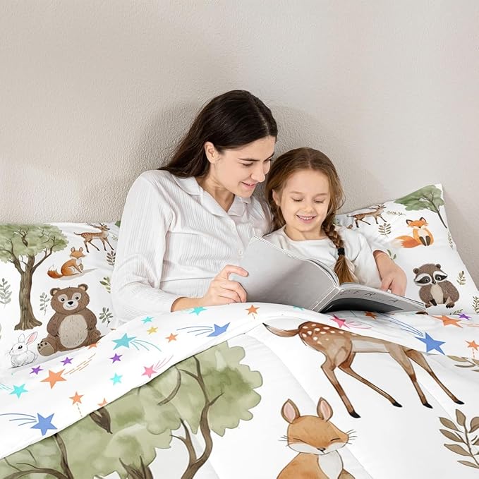 jejeloiu Woodland Animals Bedding Set Toddle Size Bear Fox Comforter Set for Kids Boys Girls Neutral Theme Duvet Set Forest Animal Quilt Set 2Pcs