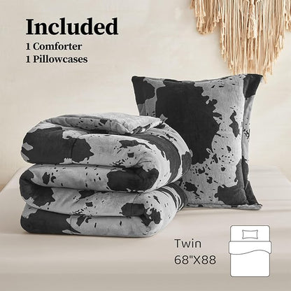 Petrichor Velvet Flannel Twin Comforter Set-Cow Print Western Style Blanket,Luxury Fuzzy Heavy Bedding Set, 2 Pieces Plush Winter Bed Set with Comforter (68"x88") & 1 Pillow Shams (20"x26")