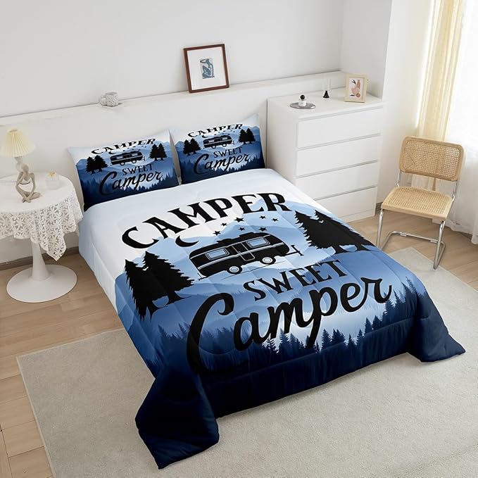 Feelyou Camper Comforter Set Kids Farmhouse Happy Camping Bedding Set Queen Women Men Nature Travel Decor Comforter Ultra Soft Microfiber Rustic Camper Van Quilted Set Bedroom Comforter Inner Fill