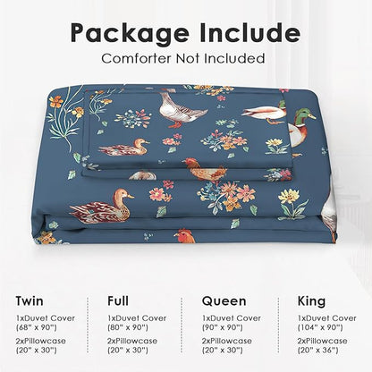 Chicken Duck Goose Theme 3 Pieces Duvet Cover Comforter Set with 2 Pillowcase King Size Farm Animal Bed Sheet Quilt Bedroom Bedding for Lover Kids