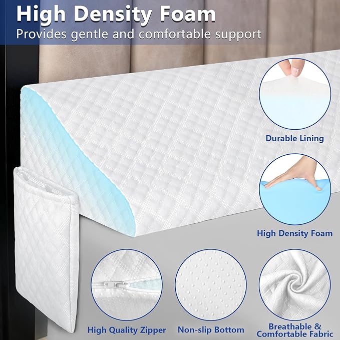 Kayfia Queen Size Bed Wedge Pillow for Headboard Bed Gap Filler with Pocket Close Gap (0-8") Prevent Pillow Loss Triangle Foam Mattress Filler for Gap Between Wall and Mattress (White, 60"x10"x6")
