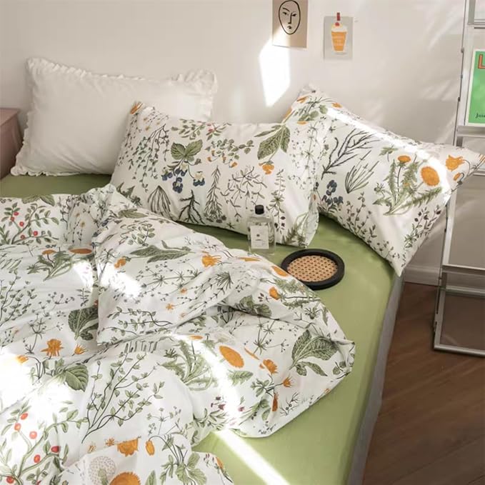 Floral Duvet Cover Full Size Green Floral Botanical Bedding Set with Yellow Flower Kids Boys Girls Vintage Garden Style Fall Reversible Soft Breathable Microfiber Duvet Cover Set, 3 Pieces