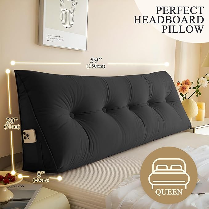 Headboard Pillow Queen, Large Triangular Wedge Headboard Pillow for Reading and Resting, Backrest Positioning Support Pillow with Removable Cover (Black)