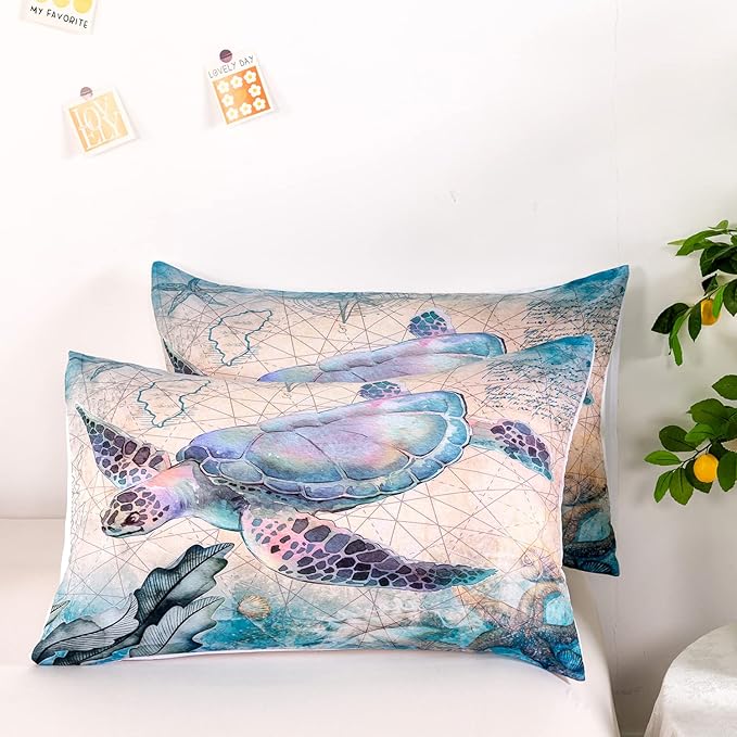 CVHOUSE Sea Turtle Duvet Cover Queen Size,Ocean Bedding Set for Kids Teens,Beach Comforter Cover,1 2 Pillowcases 3 Piece Queen 89'x89'