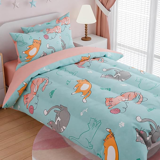 SANDJEST Cat Comforter Set Full for Girls, Ultra Soft Microfiber Bedding Sets with 4-Pieces, Cats Comforters Bed Sets for Kids Children Girl Bedroom Decor