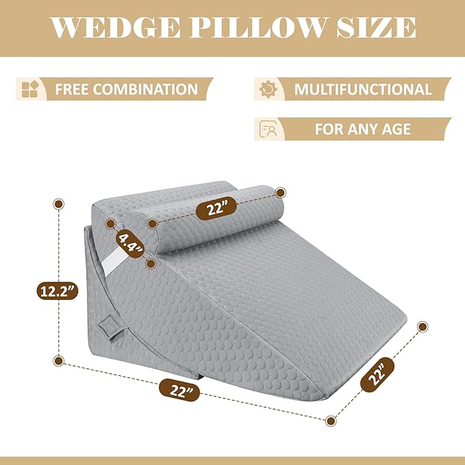 Bed Wedge Pillow for Sleeping, Adjustable Wedge Pillow Set for After Surgery, Elevated Triangle Pillow for Acid Reflux and Back Pain Relief, Post Surgery, Sleep Apnea, Back Suppor