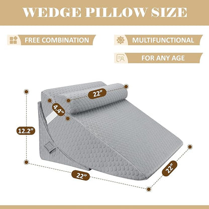 Bed Wedge Pillow for Sleeping, Adjustable Wedge Pillow Set for After Surgery, Elevated Triangle Pillow for Acid Reflux and Back Pain Relief, Post Surgery, Sleep Apnea, Back Suppor