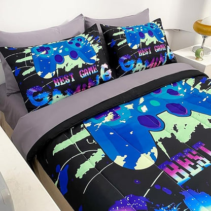 Wajade Gaming Comforter Set Twin Size Bed in a Bag for Boys and Girls, 7 Pieces Kids 3D Video Game Controller Printed Bedding Set Includes Comforter, Flat Sheet, Fitted Sheet, Two Pillowcases & Shams