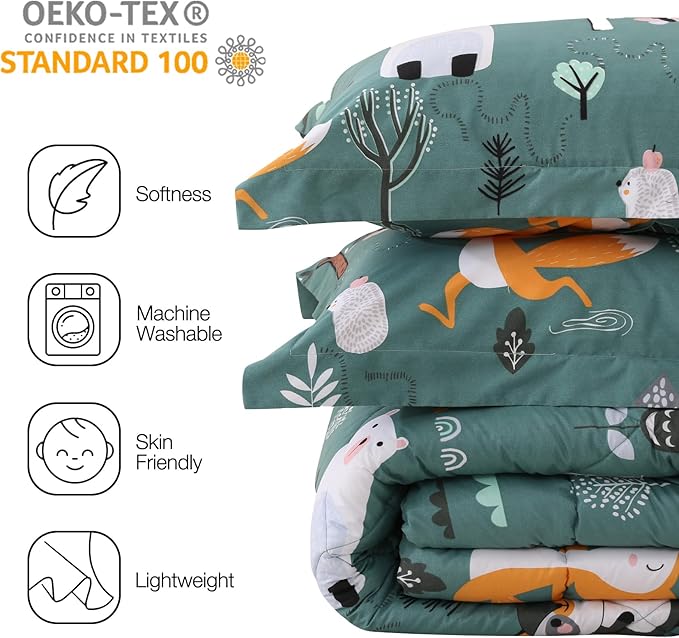 JSD Green Forest Animals Kids Comforter Set Queen Size, 3 Piece Woodland Printed Microfiber Bedding Set, Machine Washable