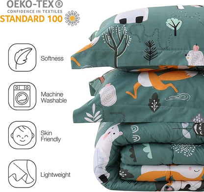 JSD Green Forest Animals Kids Comforter Set Queen Size, 3 Piece Woodland Printed Microfiber Bedding Set, Machine Washable