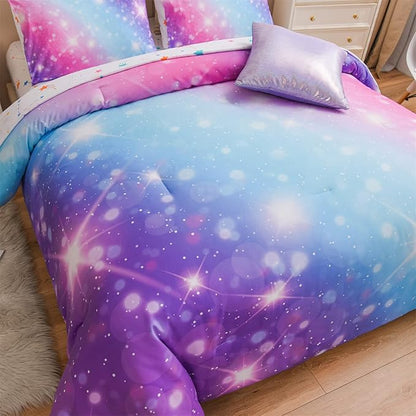 A Nice Night 6Pcs Gradient Glitter Bedding Set for Girls Full Size, Colorful Rainbow Galaxy Comforter Set, Ultra Soft Bedding Sets, Purple