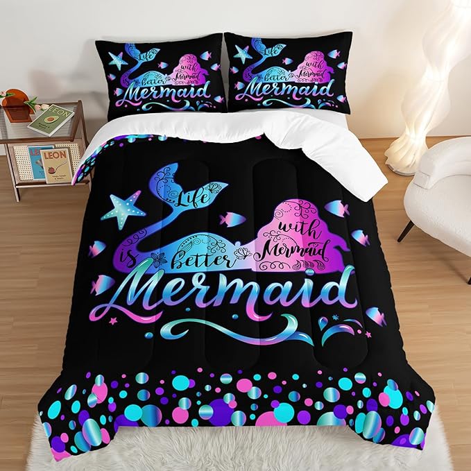 Mermaid Twin Comforter Set,Gradient Color Mermaid Starfish Pattern Bedding Set for Kids Girls Princess Room Decor,Ocean Animal Themed Bedding Comforter Set with 2 Pillowcases.