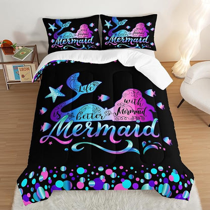 Mermaid Twin Comforter Set,Gradient Color Mermaid Starfish Pattern Bedding Set for Kids Girls Princess Room Decor,Ocean Animal Themed Bedding Comforter Set with 2 Pillowcases.