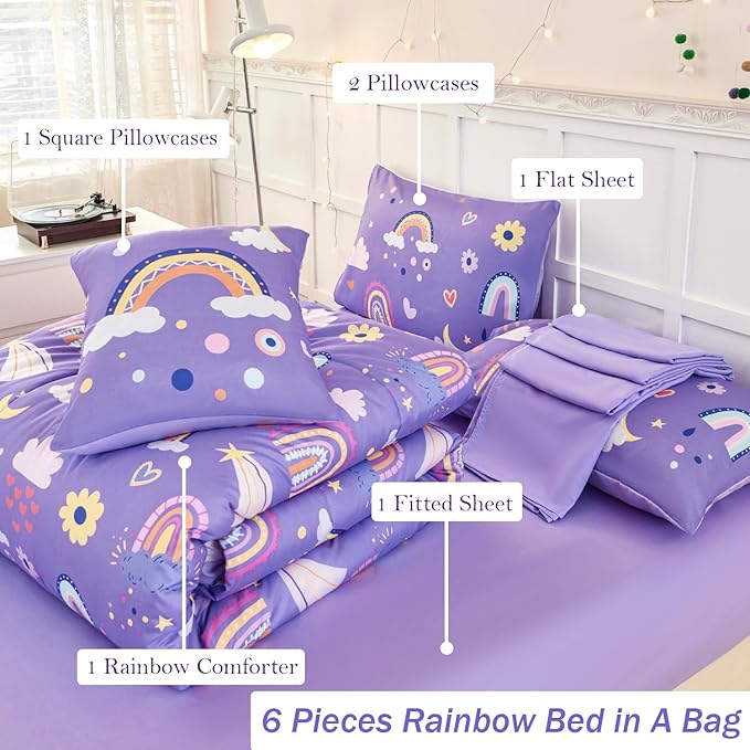 ANGIYUIN Purple Queen Size Comforter Set for Girls 6Pcs Kids Bed in A Bag Rainbow Bedding Comforter Set with Sheets Decorative Cloud, Love, Saleboat and Moon,Purple, Queen