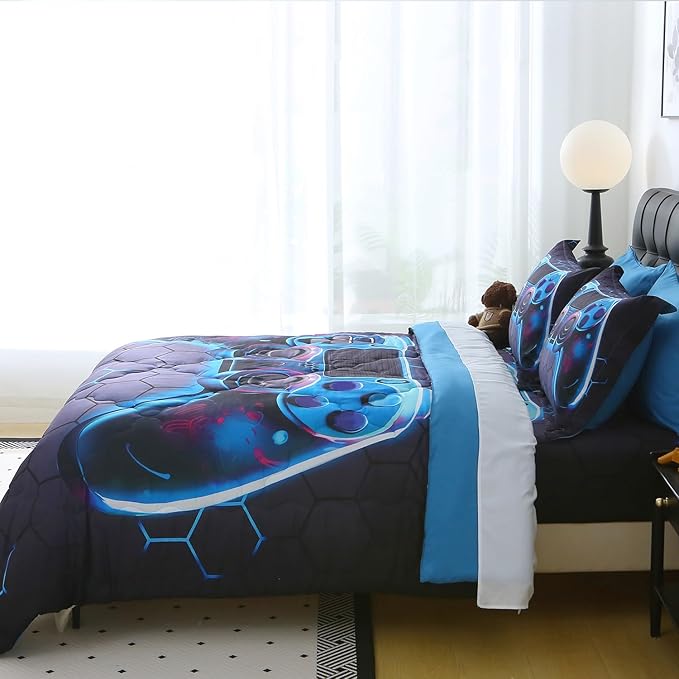 Wajade Game Console Comforter Set for Boys 7 Piece Blue 3D Gaming Geometric Bedding Sets for Kids Twin Size as Birthday with Comforter, Sheet Set, Pillowcase and Sham