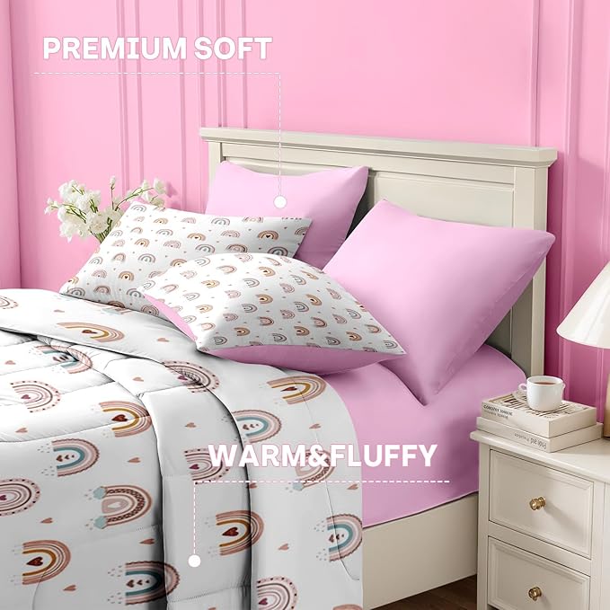 Nesker 7 Pcs Comforter Set Queen Size, Trendy Rainbows Bedding for Kids Teen, Pink Boho with Fitted Sheet 2 Pillowcases & 2 Shams for Bedroom Bed Decor