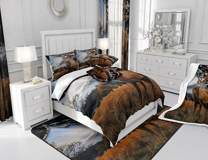 Deer Hunt Comforter Set King Size American Flag Bedding Set 3pcs for Kids Boys Teens Men Bedroom Decor Skull Antlers Nature Animals Quilt Set Rustic Retro Duvet Insert,2 Pillowcases