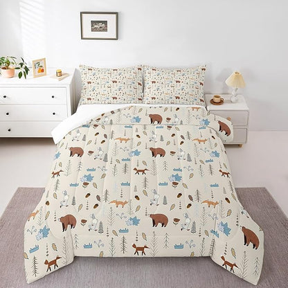 Kids Bear Fox Comforter Set Queen Size Cartoon Rabbit Pine Trees Bedding Set 3Pcs,Girls Boys Teens Jungle Adventure Hunt Animals Quilt Set Room Decor Rustic Beige Duvet Insert,2 Pillowcases