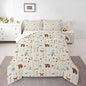 Kids Bear Fox Comforter Set King Size Cartoon Rabbit Pine Trees Bedding Set 3Pcs,Girls Boys Teens Jungle Adventure Hunt Animals Quilt Set Room Decor Rustic Beige Duvet Insert,2 Pillowcases