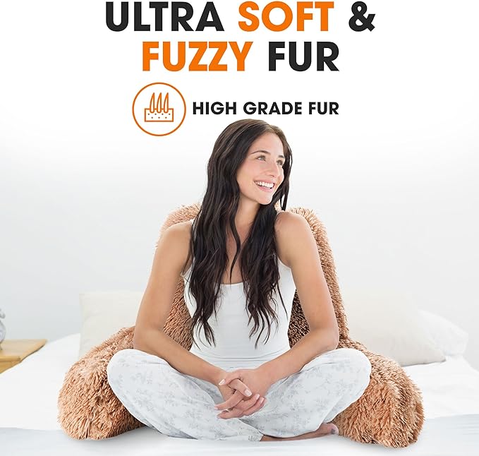 Cheer Collection Fluffy Reading Pillow Chair - Shaggy Hair Chair Pillow with Arms for Bed & Couch, Taupe