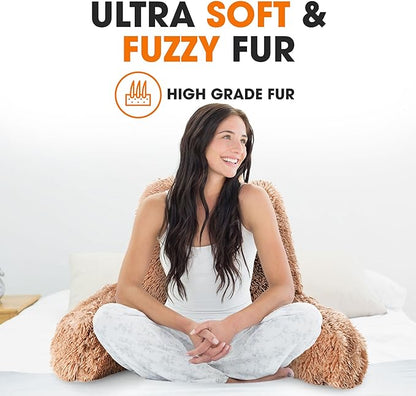 Cheer Collection Fluffy Reading Pillow Chair - Shaggy Hair Chair Pillow with Arms for Bed & Couch, Taupe