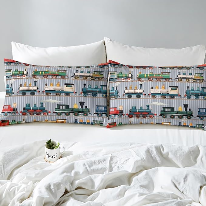 Erosebridal Kids Train Comforter Set - King Size for Boys & Girls - Colorful Steam Engine Bedding Sets - Cartoon Train Transportation Comforter with 2 Pillow Cases, Gray, Green, Blue, Yellow, White