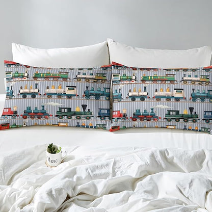 Erosebridal Kids Train Comforter Set - King Size for Boys & Girls - Colorful Steam Engine Bedding Sets - Cartoon Train Transportation Comforter with 2 Pillow Cases, Gray, Green, Blue, Yellow, White