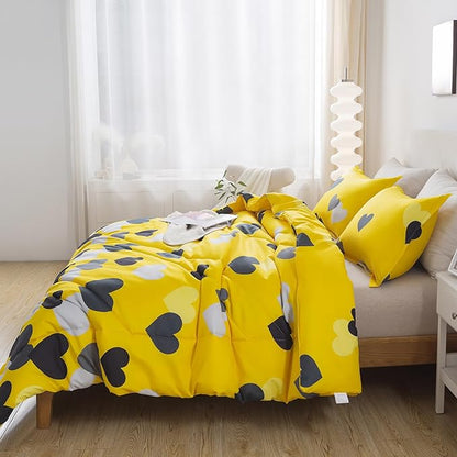 Caressma 3 Pieces Full Size Comforter Set for Boys Farmhouse Yellow Bedding Set with Black Heart All Season Fluffy Soft Lightweight(1 Comforter & 2 Pillowshams)