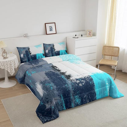 Abstract Comforter Modern Abstract Art Comforter Set for Boys Girls Children Teal Blue Grey Pattern Bedding Set Room Decor Toddler Size Duvet Set 2Pcs