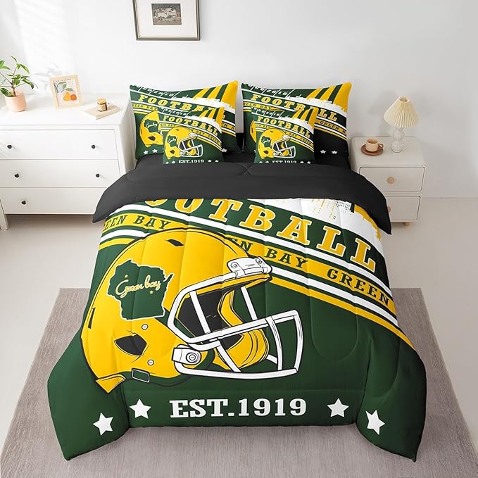Erosebridal Football Seasonal King Bedding Sets for Boys Girls Adults Football Illustration Comforter + Flat Sheet + Fitted Sheet + 2 Pillowcases + 2 Throw Pillow Covers