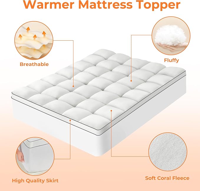 Ultra Soft Coral Fleece Twin Size Mattress Topper, No Compression Plush Thick Pillow Top Mattress Pad with Deep Pocket, Winter Warm Cozy Bed Topper Cover for Back Pain Relief