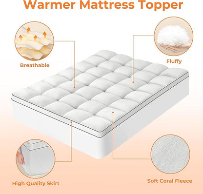 Ultra Soft Coral Fleece Queen Size Mattress Topper, No Compression Plush Thick Pillow Top Mattress Pad with Deep Pocket, Winter Warm Cozy Bed Topper Cover for Back Pain Relief