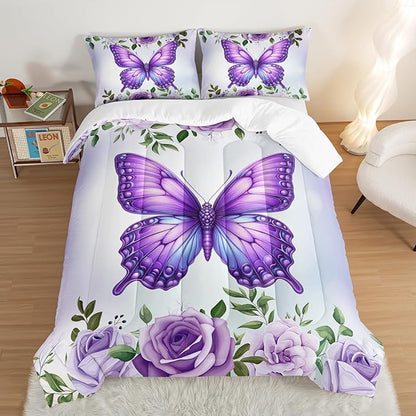 Beautiful Butterfly Bedding Comforter Set King Size,Blossoming Flowers Pattern Bedding Set for Kids Girls Toddlers Room Decor,Nature Insect Themed Bed Comforter Sets with 2 Pillowcases.