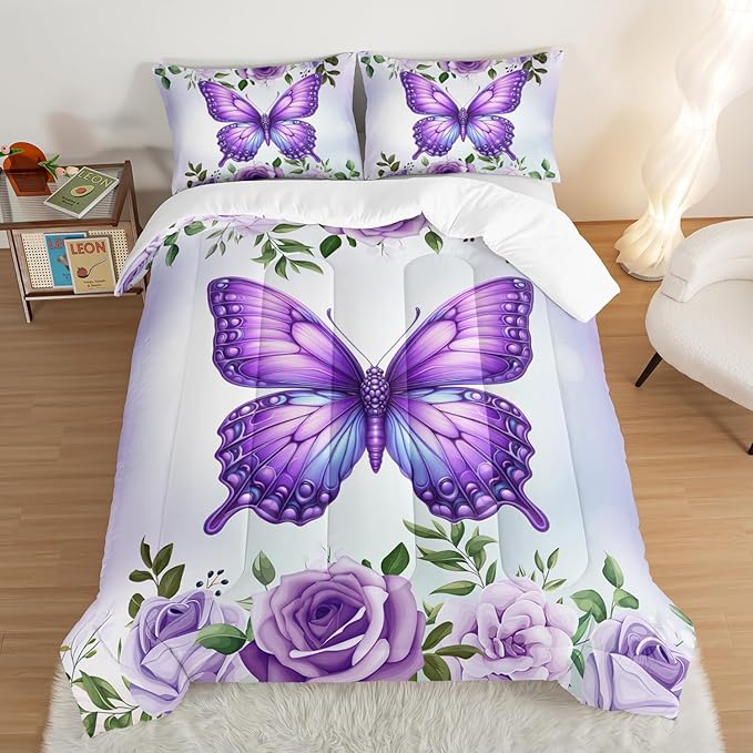 Beautiful Butterfly Bedding Comforter Set Twin Size,Blossoming Flowers Pattern Bedding Set for Kids Girls Toddlers Room Decor,Nature Insect Themed Bed Comforter Sets with 2 Pillowcases.
