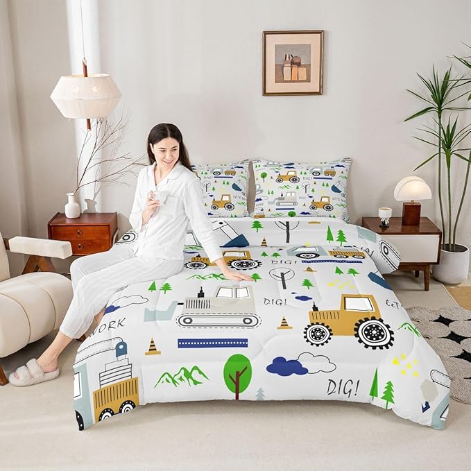 Feelyou Construction Comforter Set Toddler Size Equipment Trucks Bedding Set for Kids Boys Construction Vehicles Duvet Quilt Excavator Tractor Bedroom Decor Cartoon Car Grey2 Pcs with 1 Pillow Cases