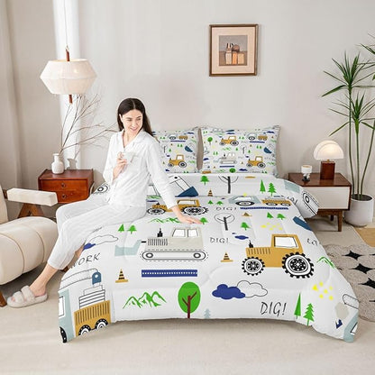 Feelyou Construction Comforter Set Toddler Size Equipment Trucks Bedding Set for Kids Boys Construction Vehicles Duvet Quilt Excavator Tractor Bedroom Decor Cartoon Car Grey2 Pcs with 1 Pillow Cases