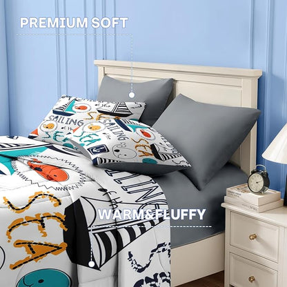 Nesker 5 Pcs Comforter Set Twin Size, Cute Nautical Sailboat Boat Bedding for Kids Teen, Sea Whale Bed Sheet with Pillowcase & Sham